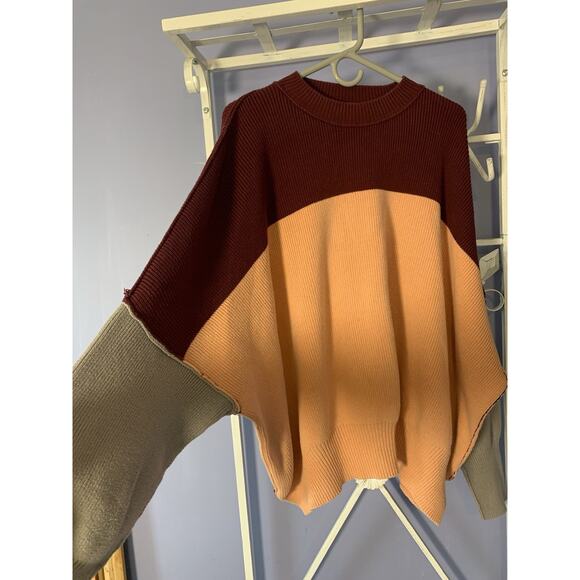 Oversize md Free People Red and Orange Colorblock Pullover Sweater - Picture 6 of 12